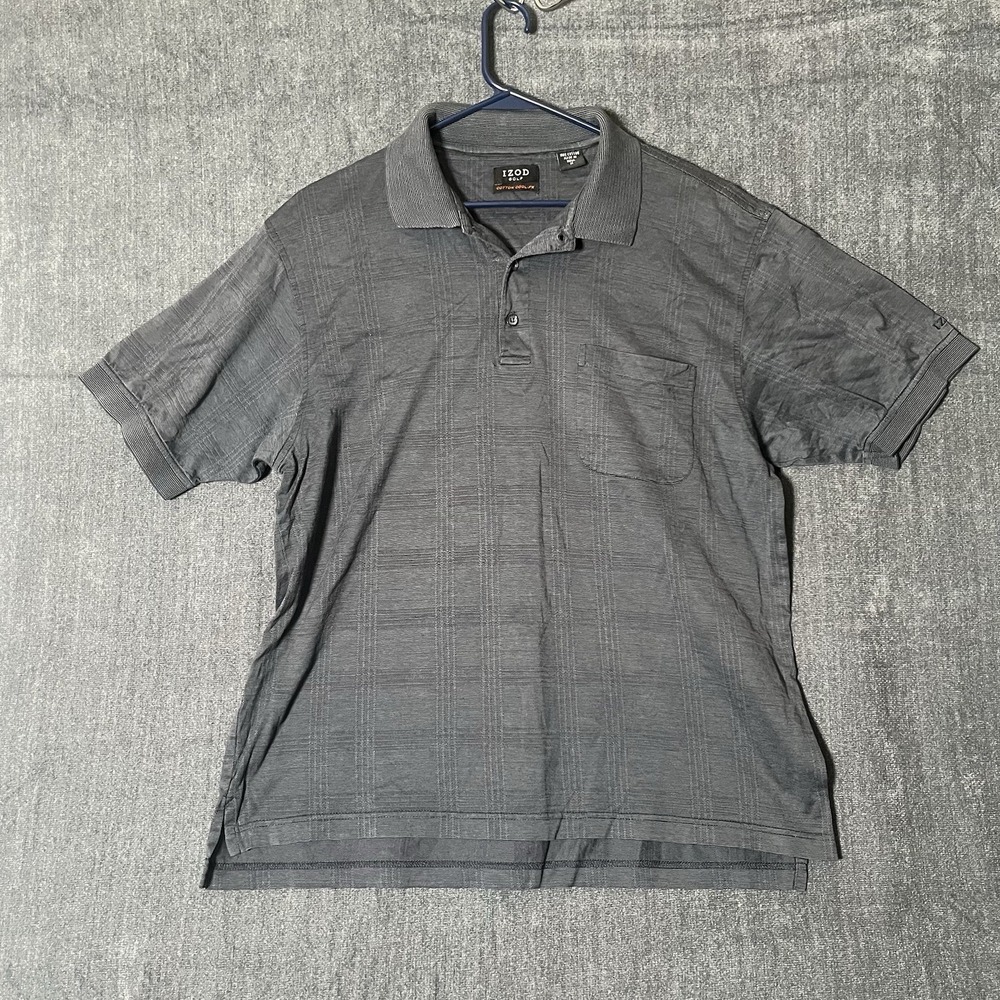 IZOD Golf Polo Shirt Mens Medium Gray Horizontal Stripe Cotton Blend Pocket